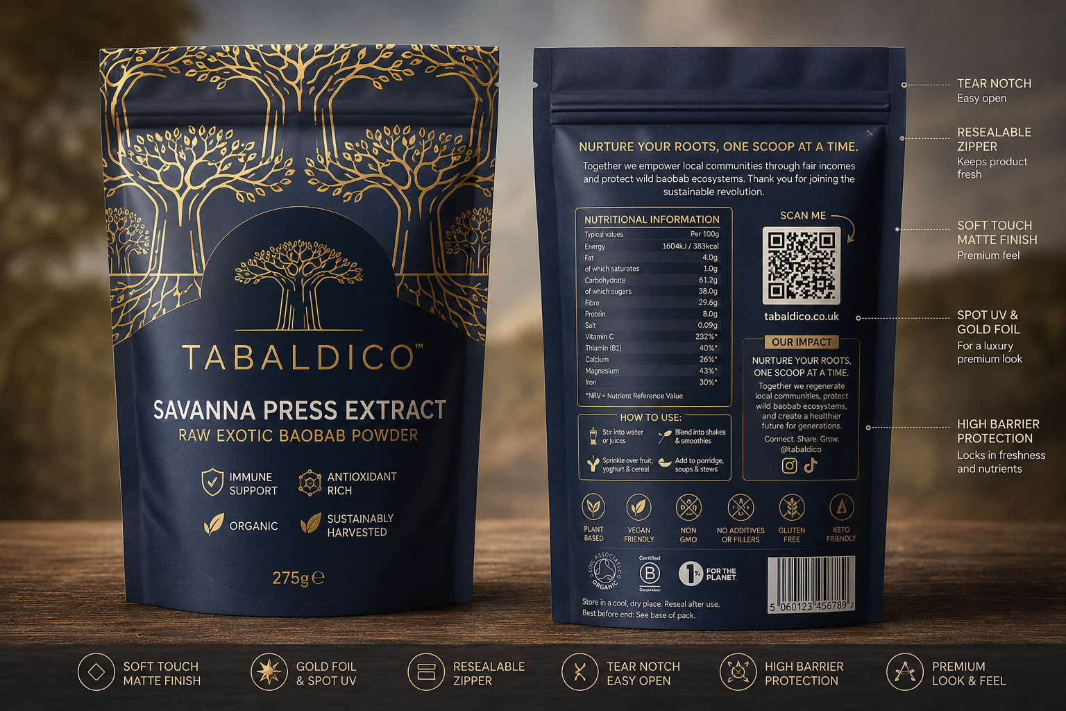 Tabaldico Savanna Press Extract Raw Exotic Baobab Powder 275g pouch — front and back packaging showing nutritional information and certifications
