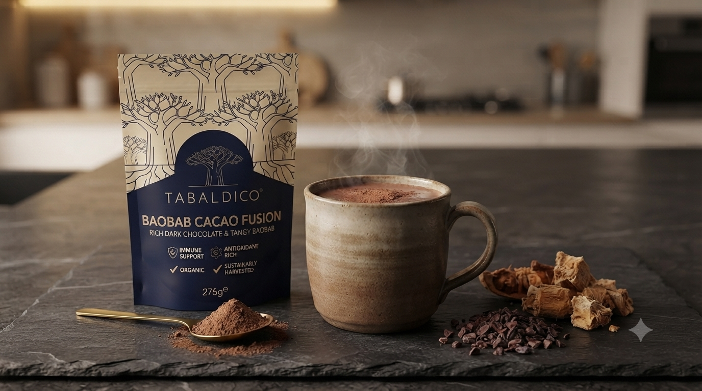 Tabaldico Baobab Cacao Fusion — 275g navy pouch with gold foil accents beside a steaming ceramic mug on a dark slate surface