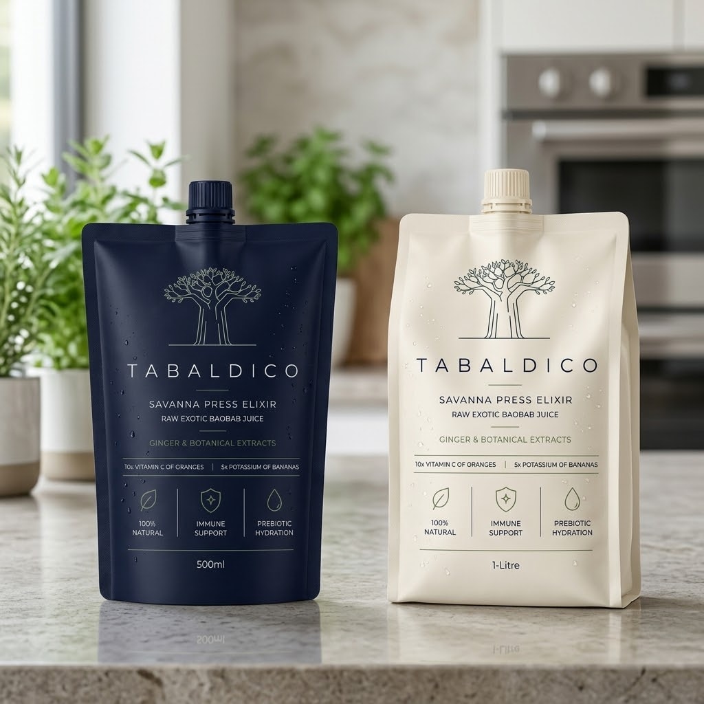 Tabaldico Baobab Juice Elixir — 500ml dark navy pouch and 1-Litre cream pouch on marble counter with herbs and appliances